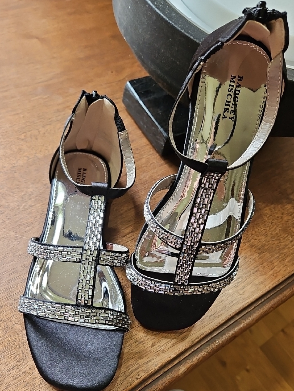 Badgley Mischka Black Satin Evening Sandals with Crystal Straps.
